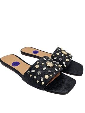 ALDO Itsandal Black Slide Sandals with Studded Rhinestones Embellishments NWOT